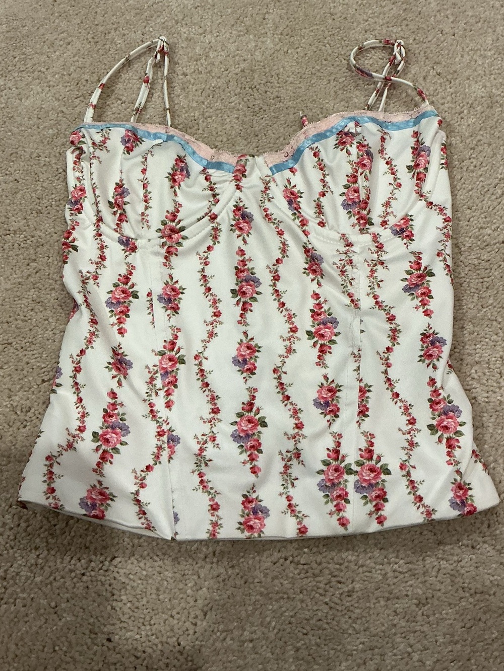 Edikted White Floral Lace-Up Cami with Pink Rose Stripes